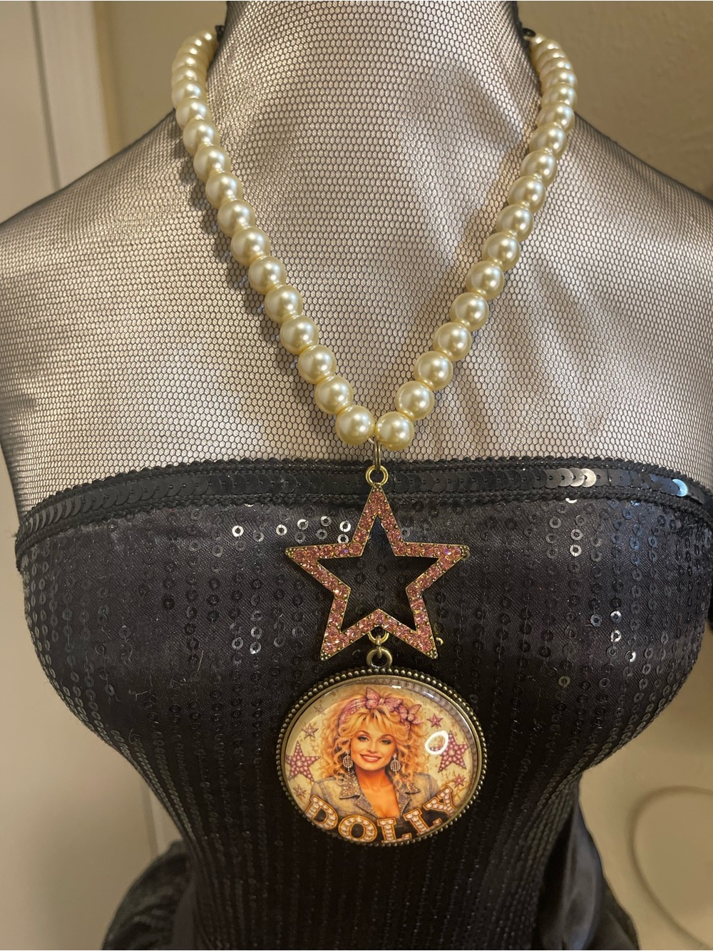 Gypsy South Pearl Necklace with Pink Rhinestone Star and Dolly Medallion